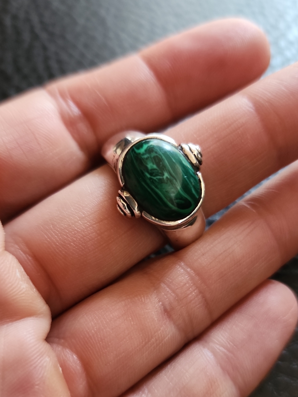 Sterling Silver Green Malachite Oval Statement Ring- Size 11